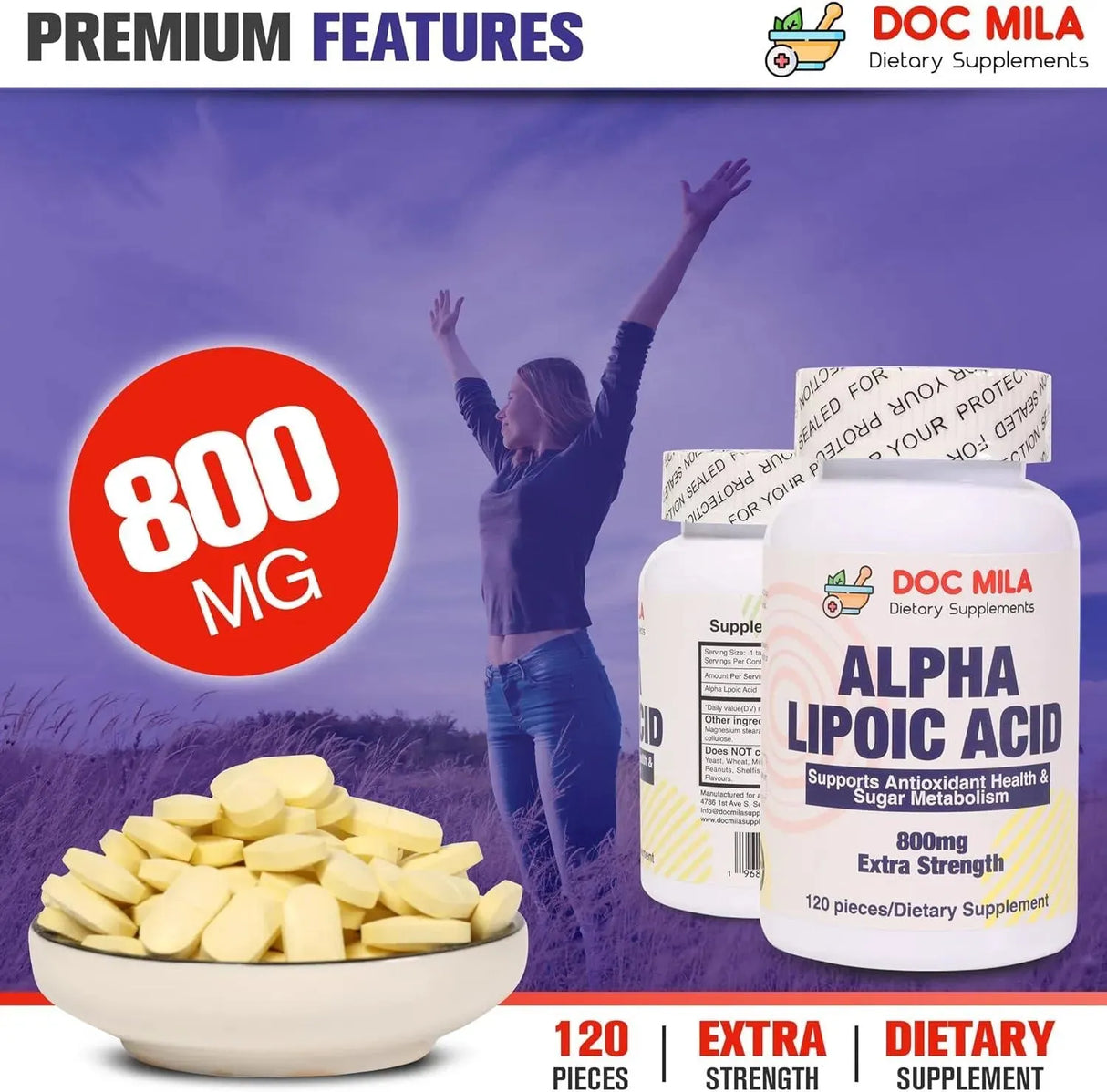 DOC MILA - Doc Mila Premium Alpha Lipoic Acid 800Mg. 120 Tabletas - The Red Vitamin MX - Suplementos Alimenticios - {{ shop.shopifyCountryName }}