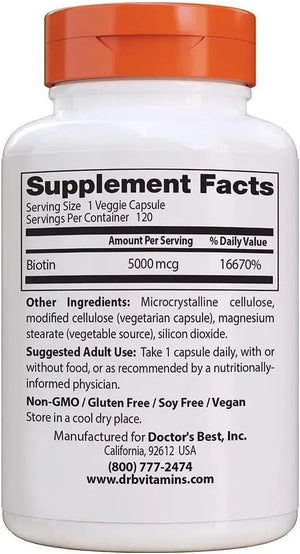 DOCTOR'S BEST - Doctor's Best Biotin 5000 mcg 120 Capsulas - The Red Vitamin MX - Suplementos Alimenticios - {{ shop.shopifyCountryName }}