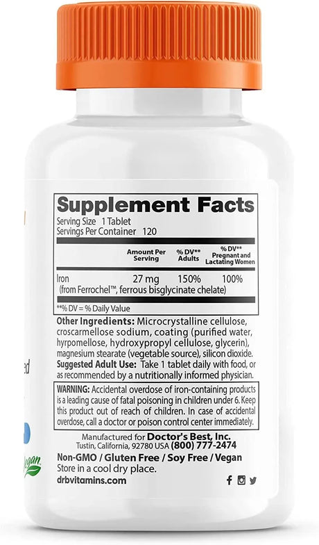 DOCTOR'S BEST - Doctor's Best High Absorption Iron with Ferrochel 27Mg. 120 Tabletas - The Red Vitamin MX - Suplementos Alimenticios - {{ shop.shopifyCountryName }}