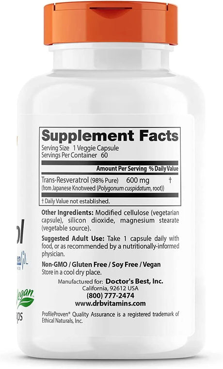 DOCTOR'S BEST - Doctor's Best Trans-Resveratrol 600Mg. 60 Capsulas - The Red Vitamin MX - Suplementos Alimenticios - {{ shop.shopifyCountryName }}