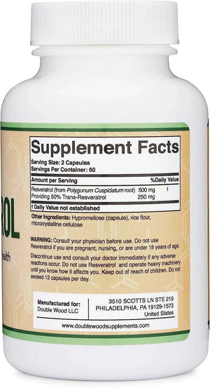 DOUBLE WOOD SUPPLEMENTS - Double Wood Supplements Resveratrol 500Mg. 120 Capsulas - The Red Vitamin MX - Suplementos Alimenticios - {{ shop.shopifyCountryName }}