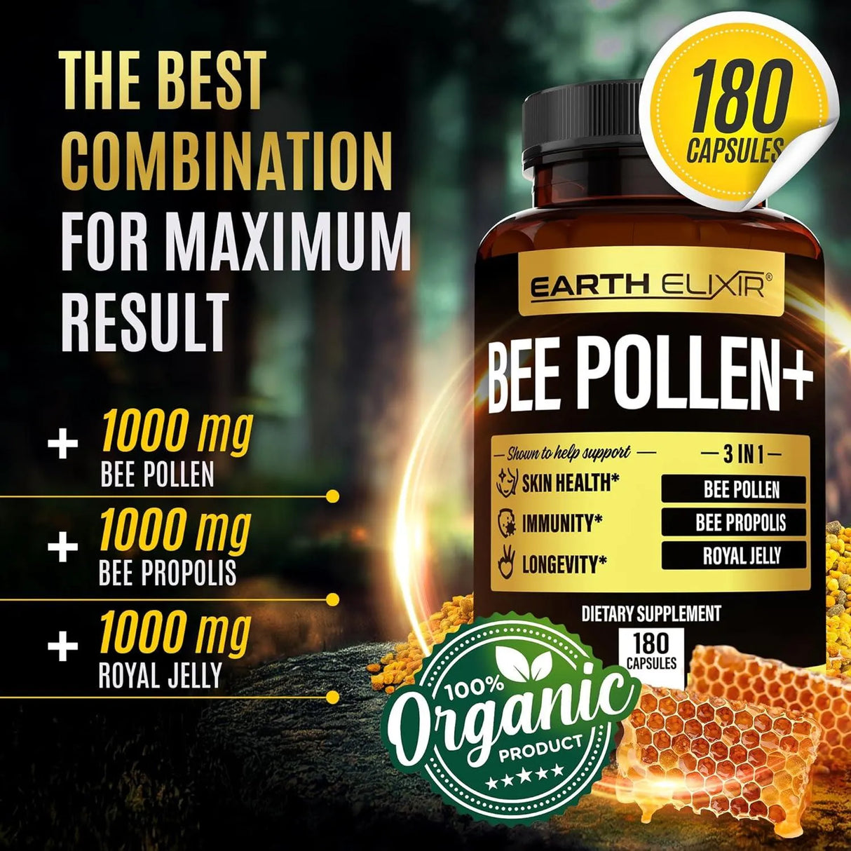 EARTH ELIXIR - Earth Elixir 3-in-1 Bee Pollen Propolis 1000Mg. 180 Capsulas - The Red Vitamin MX - Suplementos Alimenticios - {{ shop.shopifyCountryName }}