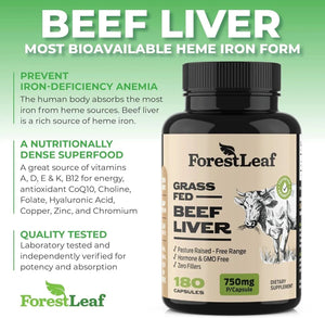 FOREST LEAF - ForestLeaf Grass Fed Beef Liver 750Mg. 180 Capsulas - The Red Vitamin MX - Suplementos Alimenticios - {{ shop.shopifyCountryName }}