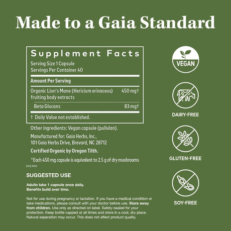 GAIA HERBS - Gaia Herbs Lion’s Mane Mushroom 40 Capsulas - The Red Vitamin MX - Suplementos Alimenticios - {{ shop.shopifyCountryName }}