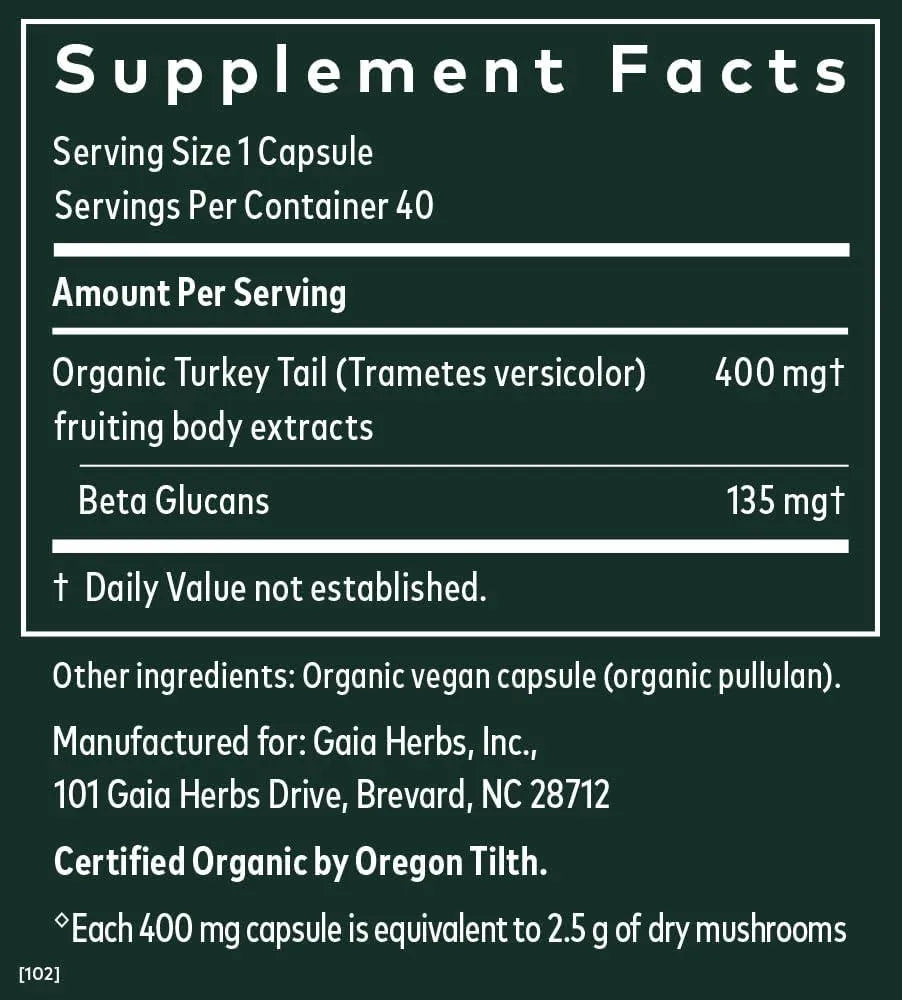 GAIA HERBS - Gaia Herbs Turkey Tail Mushroom 40 Capsulas - The Red Vitamin MX - Suplementos Alimenticios - {{ shop.shopifyCountryName }}