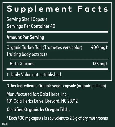 GAIA HERBS - Gaia Herbs Turkey Tail Mushroom 40 Capsulas - The Red Vitamin MX - Suplementos Alimenticios - {{ shop.shopifyCountryName }}