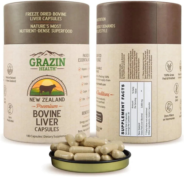 GRAZIN HEALTH - Grazin Health Grass Fed Beef Liver from New Zealand 3000Mg. 180 Capsulas - The Red Vitamin MX - Suplementos Alimenticios - {{ shop.shopifyCountryName }}