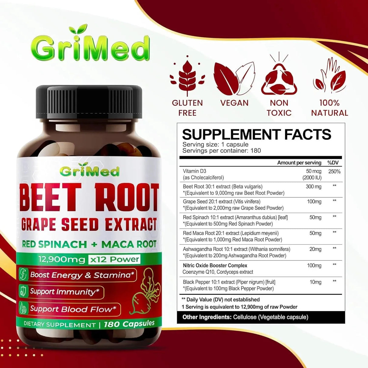 GRIMED - GriMed Beet Root x12 Potency with Grape Seed Extract 180 Capsulas - The Red Vitamin MX - Suplementos Alimenticios - {{ shop.shopifyCountryName }}