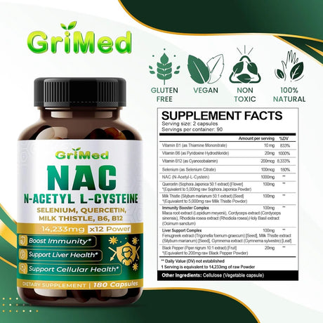 GRIMED - GriMed NAC N-Acetyl Cysteine 180 Capsulas - The Red Vitamin MX - Suplementos Alimenticios - {{ shop.shopifyCountryName }}