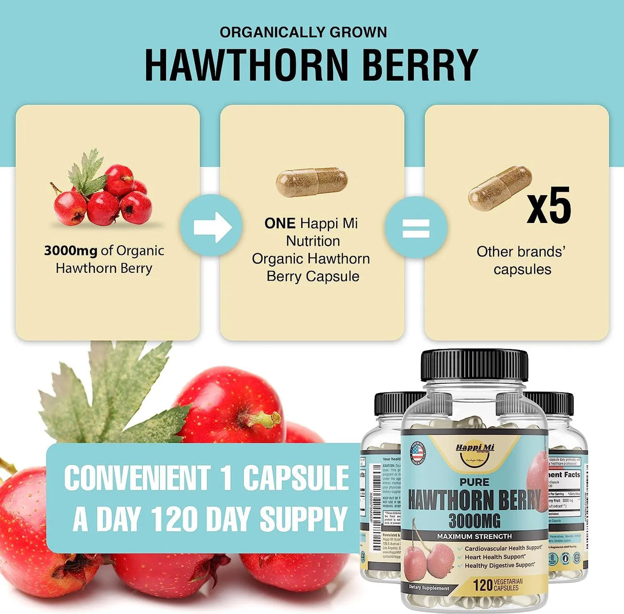 HAPPI MI NUTRITION - Happi Mi Nutrition Hawthorn Berry 5:1 Extract 3000Mg. 120 Capsulas - The Red Vitamin MX - Suplementos Alimenticios - {{ shop.shopifyCountryName }}