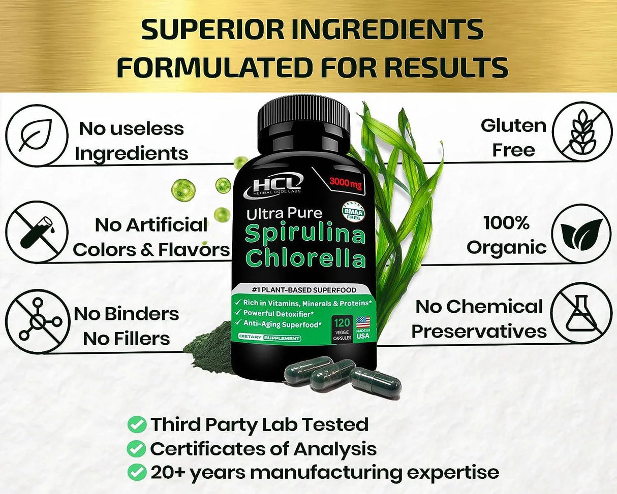 HCL - HCL HERBAL CODE LABS Chlorella Spirulina 120 Capsulas - The Red Vitamin MX - Suplementos Alimenticios - {{ shop.shopifyCountryName }}