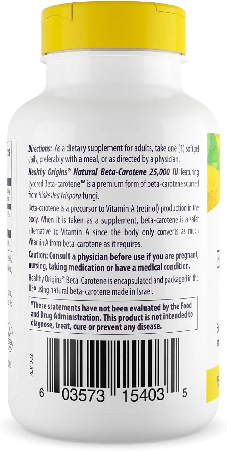 HEALTHY ORIGINS - Healthy Origins Beta-Carotene 25,000 IU 180 Capsulas Blandas - The Red Vitamin MX - Suplementos Alimenticios - {{ shop.shopifyCountryName }}