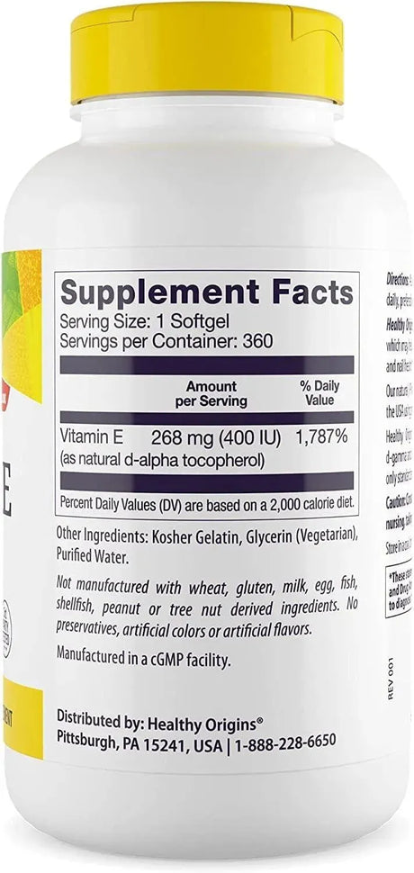 HEALTHY ORIGINS - Healthy Origins Vitamin E 400 IU 360 Capsulas Blandas - The Red Vitamin MX - Suplementos Alimenticios - {{ shop.shopifyCountryName }}