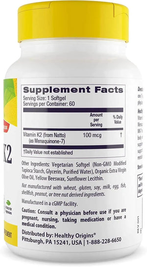 HEALTHY ORIGINS - Healthy Origins Vitamin K2 as MK-7 100mcg 60 Capsulas Blandas - The Red Vitamin MX - Suplementos Alimenticios - {{ shop.shopifyCountryName }}