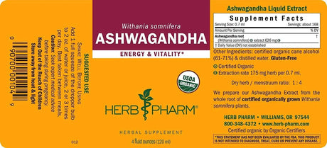 HERB PHARM - Herb Pharm Certified Organic Ashwagandha Extract - The Red Vitamin MX - Suplementos Alimenticios - {{ shop.shopifyCountryName }}