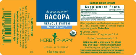 HERB PHARM - Herb Pharm Certified Organic Bacopa Liquid Extract 30Ml. - The Red Vitamin MX - Suplementos Alimenticios - {{ shop.shopifyCountryName }}