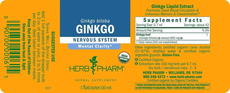 HERB PHARM - Herb Pharm Certified Organic Ginkgo Liquid Extract 30Ml. - The Red Vitamin MX - Suplementos Alimenticios - {{ shop.shopifyCountryName }}