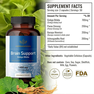 HERBAMAMA - Herbamama Brain Support Nootropic Supplement 100 Capsulas - The Red Vitamin MX - Suplementos Alimenticios - {{ shop.shopifyCountryName }}