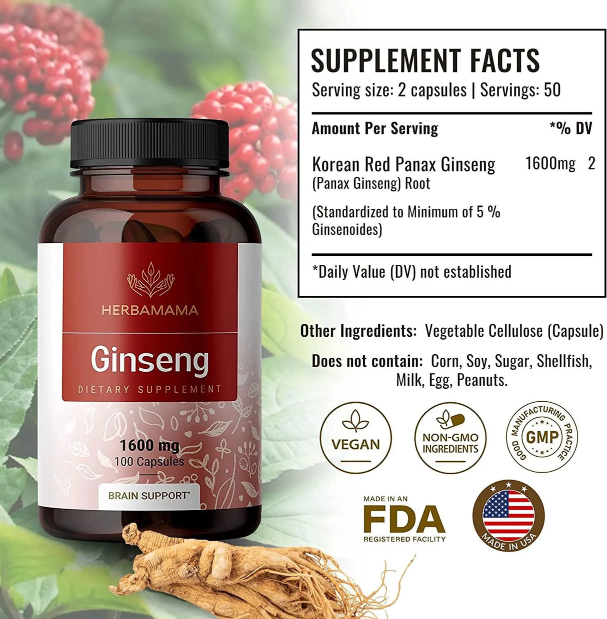 HERBAMAMA - HERBAMAMA Ginseng Capsules Korean Red Panax Ginseng Extract 1600Mg. 100 Capsulas - The Red Vitamin MX - Suplementos Alimenticios - {{ shop.shopifyCountryName }}