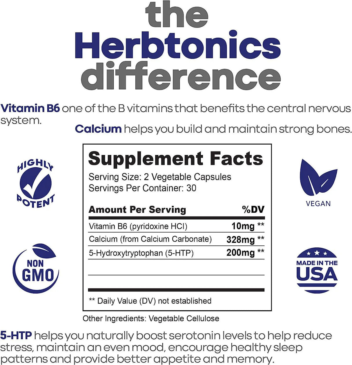 HERBTONICS - Herbtonics 5 HTP 200Mg. Supplement with Calcium + B6 Cofactor 60 Capsulas - The Red Vitamin MX - Suplementos Alimenticios - {{ shop.shopifyCountryName }}