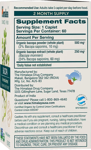 HIMALAYA - Himalaya Organic Bacopa Monnieri / Brahmi 750Mg. 60 Tabletas 2 Pack - The Red Vitamin MX - Suplementos Alimenticios - {{ shop.shopifyCountryName }}