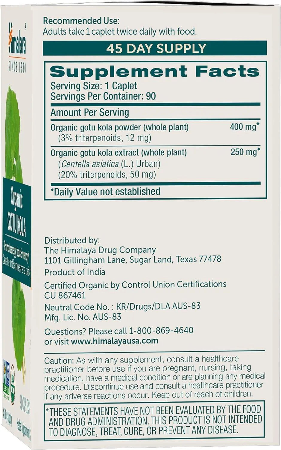 HIMALAYA - Himalaya Organic Gotu Kola 90 Tabletas - The Red Vitamin MX - Suplementos Alimenticios - {{ shop.shopifyCountryName }}