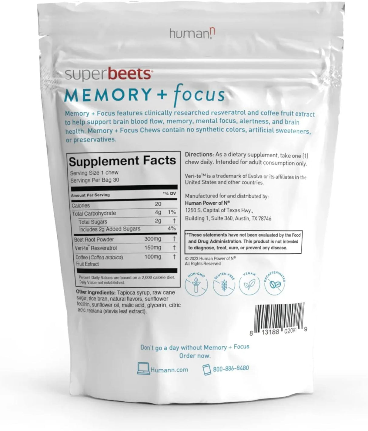 HUMANN - humanN SuperBeets Memory & Focus Brain Supplement Chews 30 Masticables - The Red Vitamin MX - Suplementos Alimenticios - {{ shop.shopifyCountryName }}