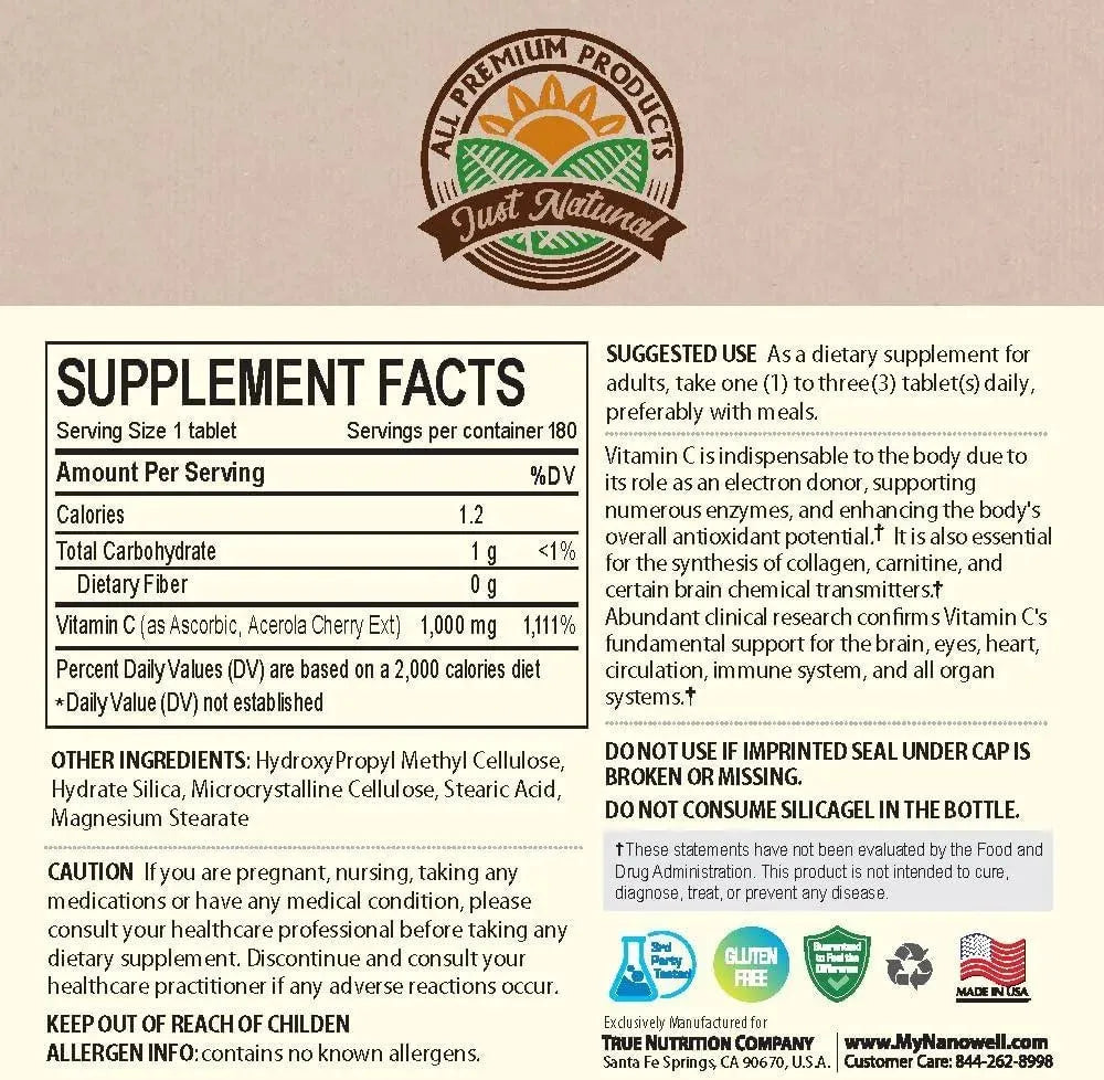 JUST NATURAL - Just Natural Acerola Cherry Vitamin C 1000Mg. 180 Tabletas - The Red Vitamin MX - Suplementos Alimenticios - {{ shop.shopifyCountryName }}