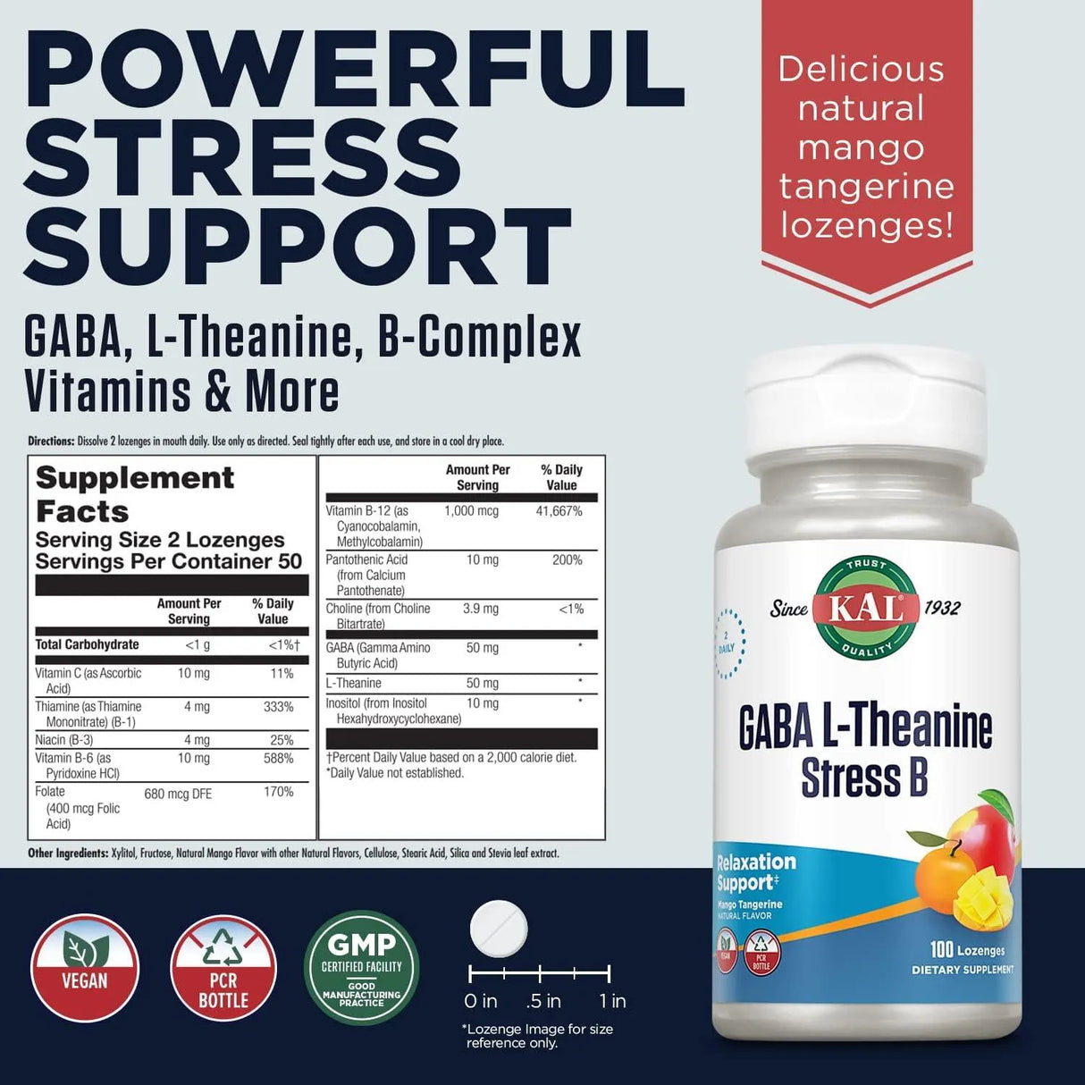 KAL - KAL GABA L-Theanine Stress B 100 Tabletas Masticables - The Red Vitamin MX - Suplementos Alimenticios - {{ shop.shopifyCountryName }}