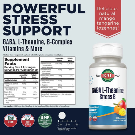 KAL - KAL GABA L-Theanine Stress B 100 Tabletas Masticables - The Red Vitamin MX - Suplementos Alimenticios - {{ shop.shopifyCountryName }}