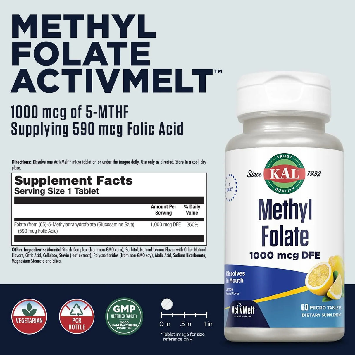 KAL - KAL Methyl Folate 1000mcg 5-MTHF Active Form 60 Tabletas - The Red Vitamin MX - Suplementos Alimenticios - {{ shop.shopifyCountryName }}