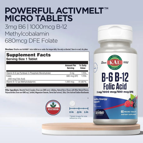 KAL - KAL Vitamin B-6 B-12 & Folic Acid 60 Tabletas - The Red Vitamin MX - Suplementos Alimenticios - {{ shop.shopifyCountryName }}