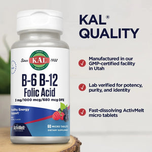 KAL - KAL Vitamin B-6 B-12 & Folic Acid 60 Tabletas - The Red Vitamin MX - Suplementos Alimenticios - {{ shop.shopifyCountryName }}