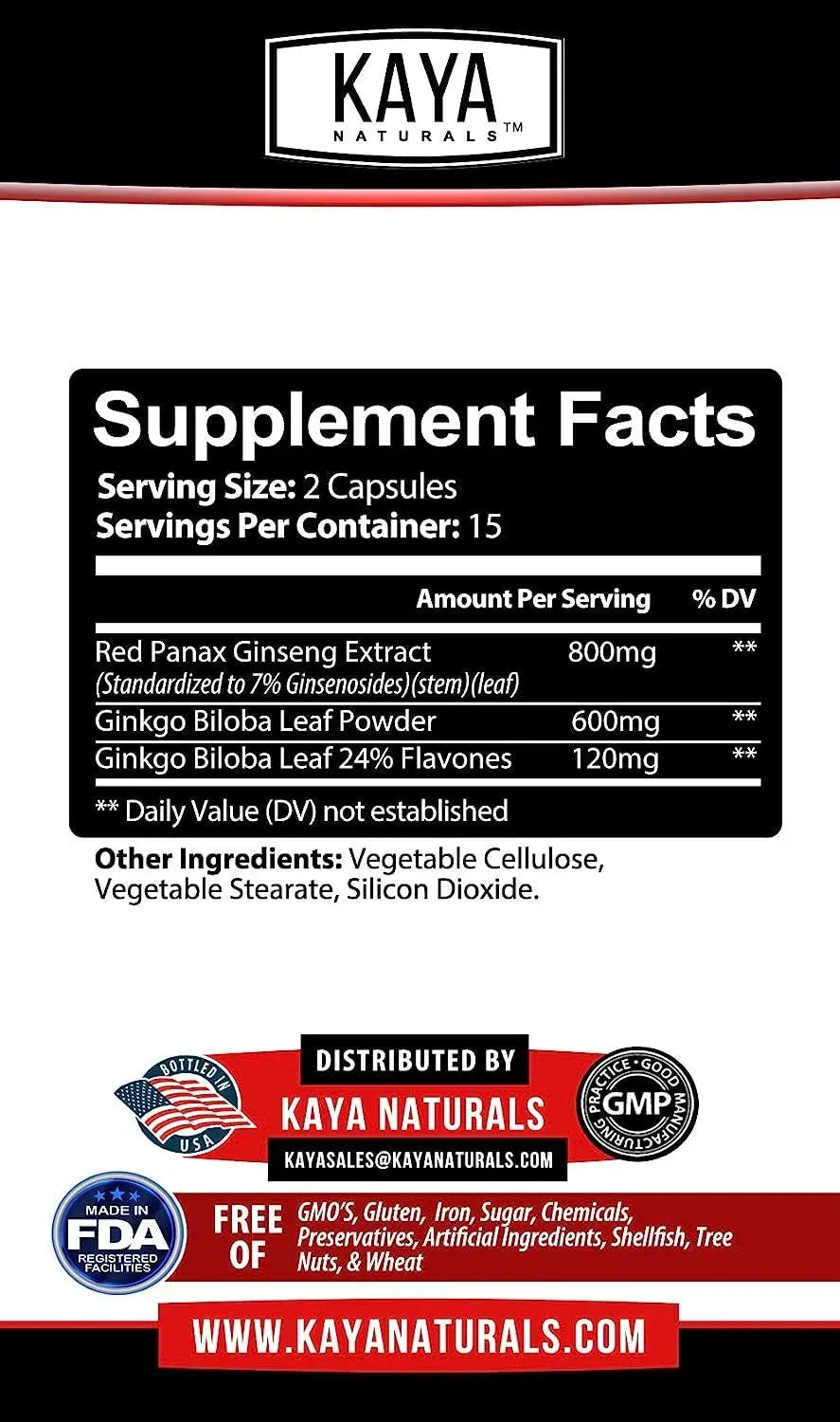 KAYA NATURALS - Kaya Naturals Red Panax Ginseng + Ginkgo Biloba 1520Mg. 30 Capsulas - The Red Vitamin MX - Suplementos Alimenticios - {{ shop.shopifyCountryName }}