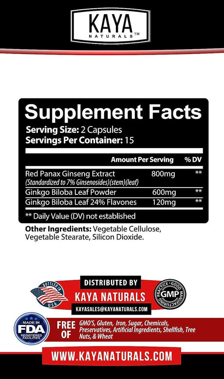 KAYA NATURALS - Kaya Naturals Red Panax Ginseng + Ginkgo Biloba 1520Mg. 30 Capsulas - The Red Vitamin MX - Suplementos Alimenticios - {{ shop.shopifyCountryName }}