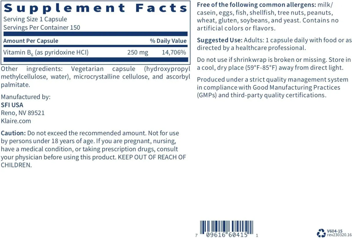 KLAIRE LABS - Klaire Labs Vitamin B6 250Mg. 150 Capsulas - The Red Vitamin MX - Suplementos Alimenticios - {{ shop.shopifyCountryName }}