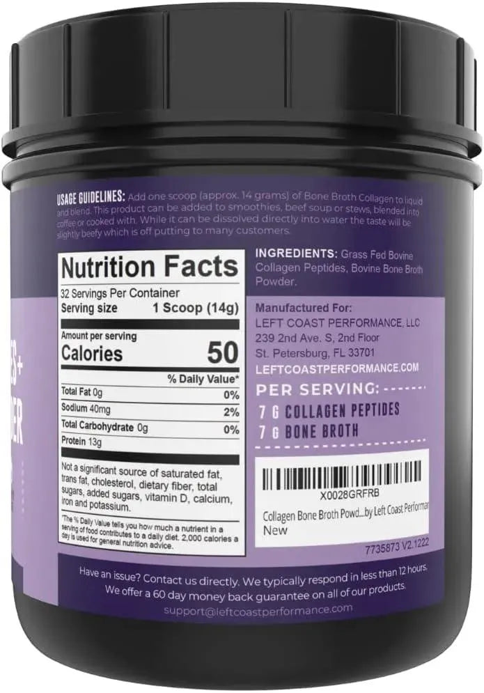 LEFT COAST PERFORMANCE - Left Coast Performance Bone Broth Powder with Grass Fed Collagen Peptides 454Gr. - The Red Vitamin MX - Suplementos Alimenticios - {{ shop.shopifyCountryName }}