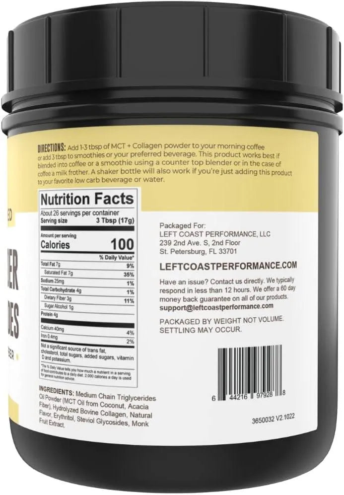 LEFT COAST PERFORMANCE - Left Coast Performance MCT Powder + Collagen + Prebiotic Acacia Fibre Vanilla 454Gr. - The Red Vitamin MX - Suplementos Alimenticios - {{ shop.shopifyCountryName }}