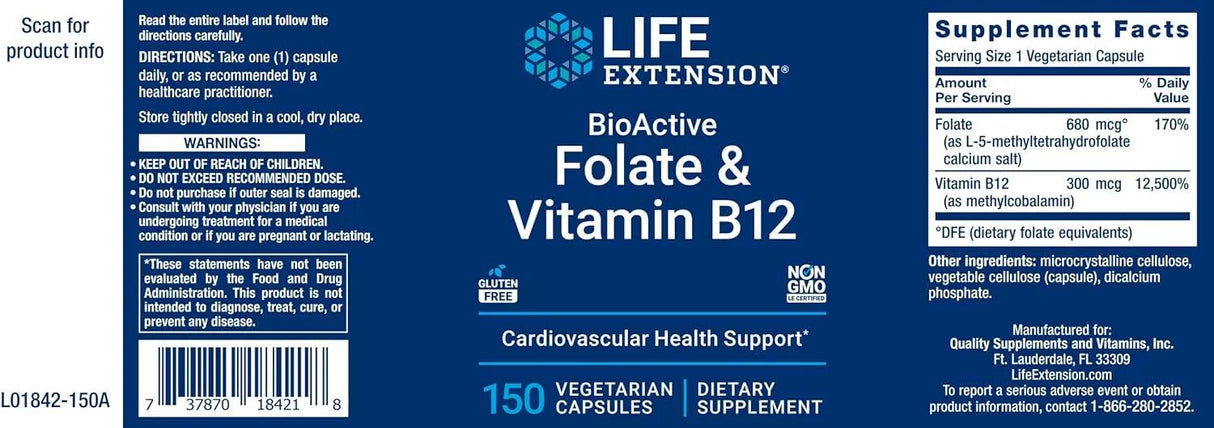 LIFE EXTENSION - Life Extension BioActive Folate & Vitamin B12 150 Capsulas - The Red Vitamin MX - Suplementos Alimenticios - {{ shop.shopifyCountryName }}