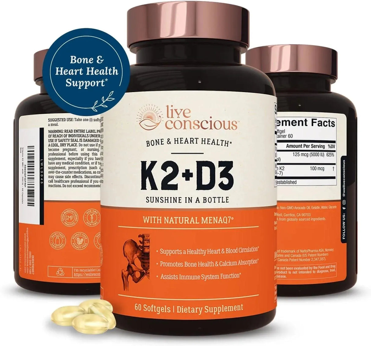 LIVE CONSCIOUS - Live Conscious Vitamin K2 MK7 with D3 60 Capsulas Blandas - The Red Vitamin MX - Suplementos Alimenticios - {{ shop.shopifyCountryName }}