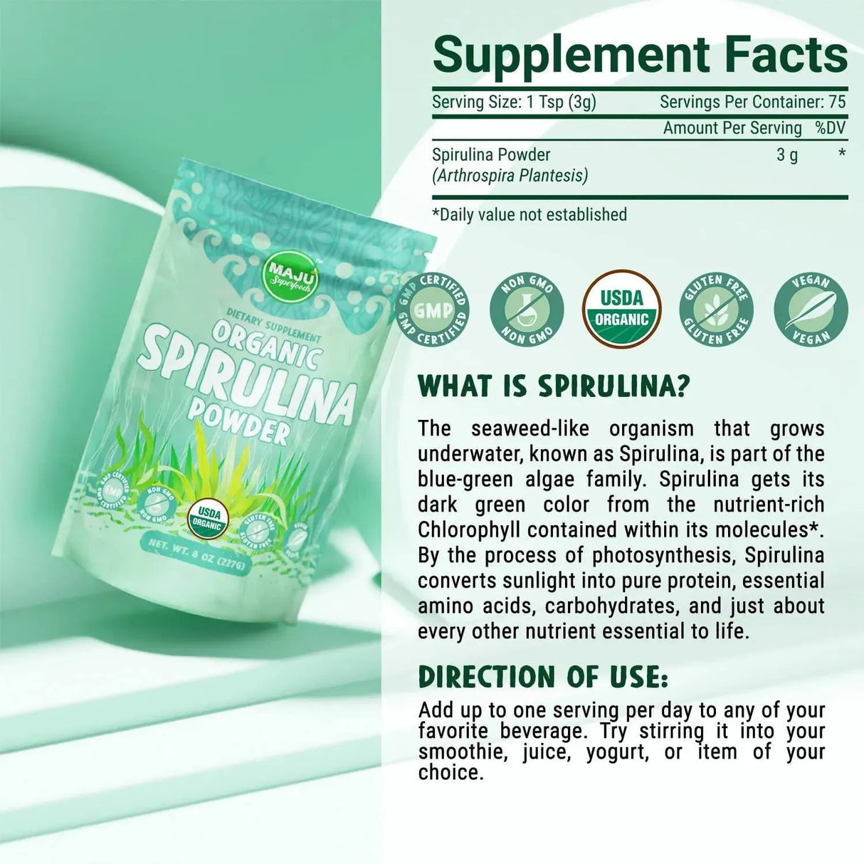 MAJU SUPERFOODS - MAJU's Organic Spirulina Powder 227Gr. - The Red Vitamin MX - Suplementos Alimenticios - {{ shop.shopifyCountryName }}