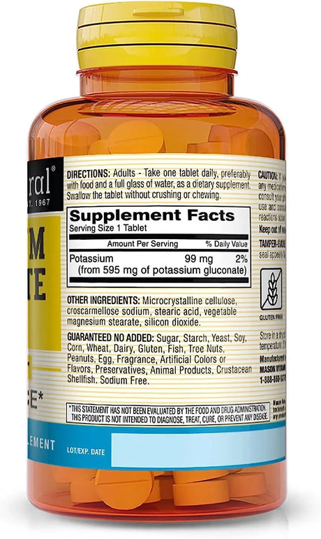 MASON NATURAL - Mason Vitamins Potassium Gluconate 595Mg. 100 Tabletas 3 Pack - The Red Vitamin MX - Suplementos Alimenticios - {{ shop.shopifyCountryName }}