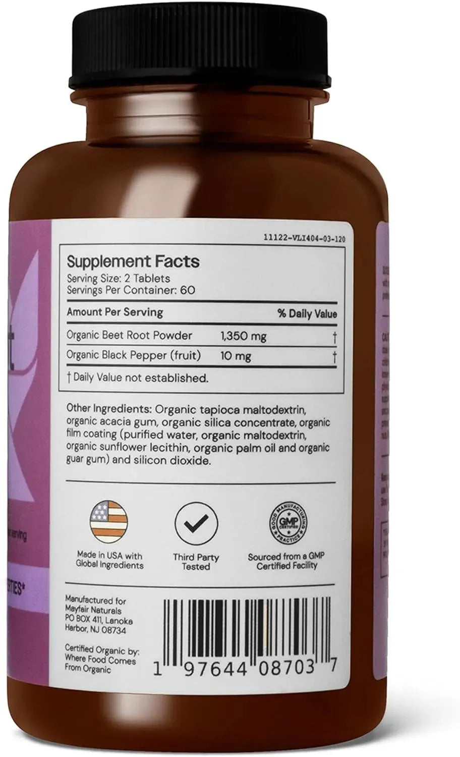 MAYFAIR - Mayfair Naturals USDA Organic Beet Root with Black Pepper 1350Mg. 120 Tabletas 2 Pack - The Red Vitamin MX - Suplementos Alimenticios - {{ shop.shopifyCountryName }}