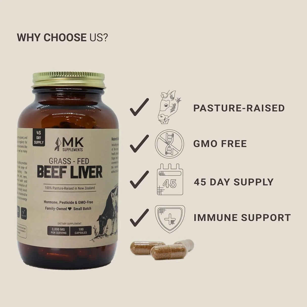 MK SUPPLEMENTS - MK Supplements Grass Fed Beef Liver 3000Mg. 300 Capsulas - The Red Vitamin MX - Suplementos Alimenticios - {{ shop.shopifyCountryName }}