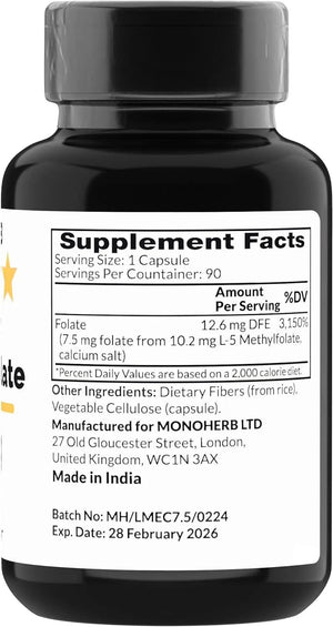 MONOHERB - Monoherb L-Methylfolate 5-MTHF 7.5Mg. 90 Capsulas - The Red Vitamin MX - Suplementos Alimenticios - {{ shop.shopifyCountryName }}