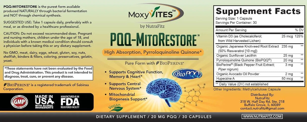 MOXYVITES - MoxyVites PQQ MITORESTORE Brain Supplement 30 Capsulas - The Red Vitamin MX - Suplementos Alimenticios - {{ shop.shopifyCountryName }}