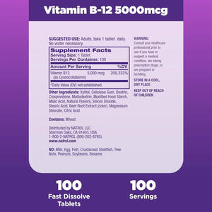 NATROL - Natrol Vitamin B-12 5000mcg Strawberry-Flavored Fast Dissolve 100 Tabletas - The Red Vitamin MX - Suplementos Alimenticios - {{ shop.shopifyCountryName }}