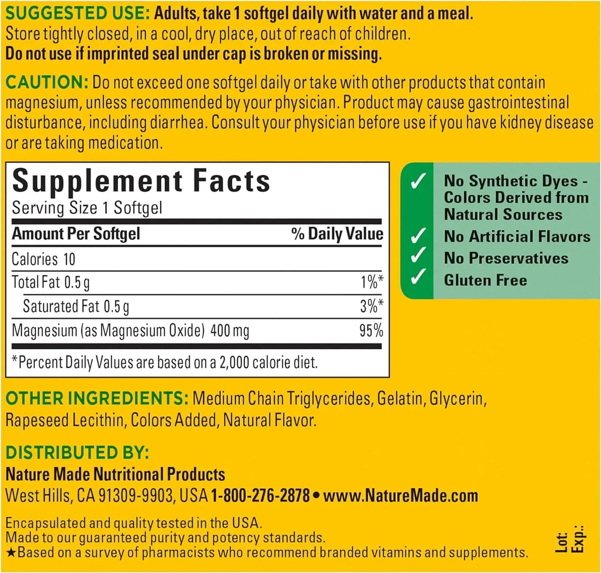 NATURE MADE - Nature Made Extra Strength Magnesium Oxide 400Mg. 110 Capsulas Blandas - The Red Vitamin MX - Suplementos Alimenticios - {{ shop.shopifyCountryName }}