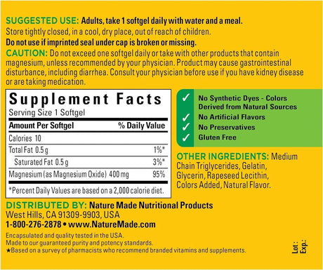 NATURE MADE - Nature Made Extra Strength Magnesium Oxide 400Mg. 60 Capsulas Blandas - The Red Vitamin MX - Suplementos Alimenticios - {{ shop.shopifyCountryName }}