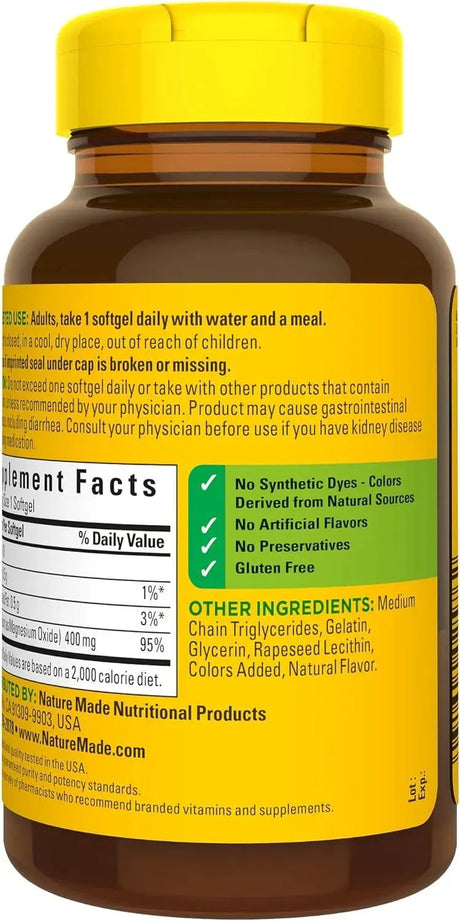 NATURE MADE - Nature Made Extra Strength Magnesium Oxide 400Mg. 60 Capsulas Blandas - The Red Vitamin MX - Suplementos Alimenticios - {{ shop.shopifyCountryName }}